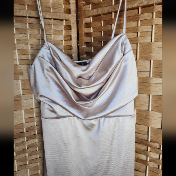 Women's Long, Fitted, Bodycon, Champaign Color, Cowl Neck, Sexy Formal Dress - Picture 3 of 9